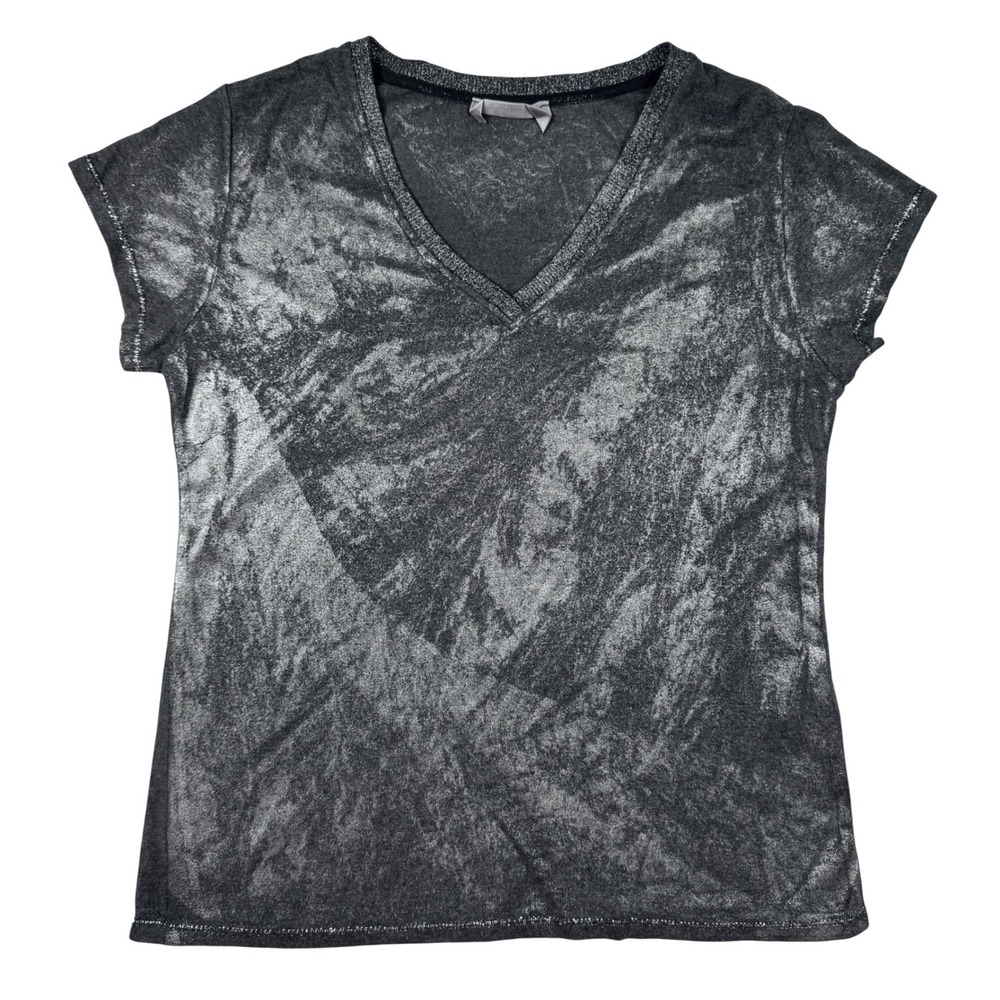 Tina Stephens Italy Metallic Foil T-Shirt Women Silver Grey M/L Excellent V-Neck